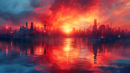 Dramatic Fiery Sunset Over Urban Skyline Reflection - obrazy, fototapety, plakaty