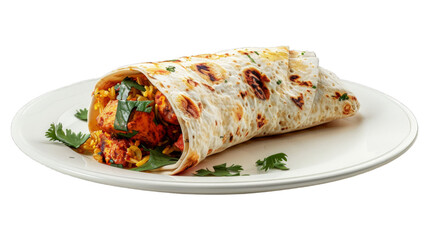 Paneer Tikka Wrap on a plate isolated on transparent png background. Generative ai 