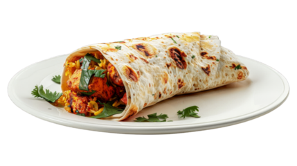 Paneer Tikka Wrap on a plate isolated on transparent png background. Generative ai 