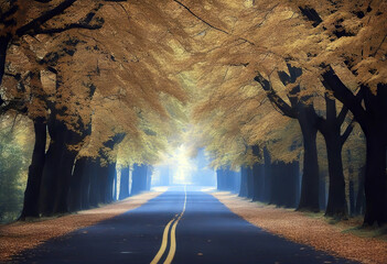 The road covered with autumn leaves stock photo