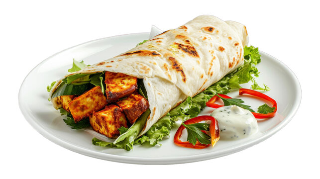 Paneer Tikka Wrap on a plate isolated on transparent png background. Generative ai 