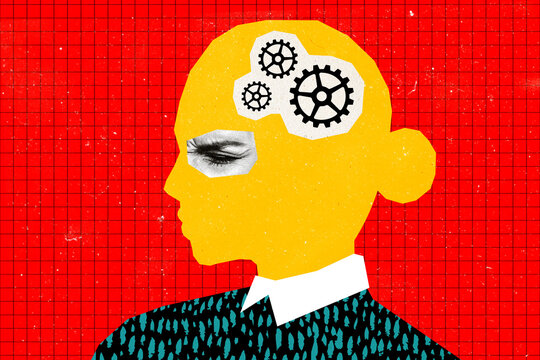 Composite photo collage of young girl instead brain gears mechanism element profile robot frown collar isolated on painted background