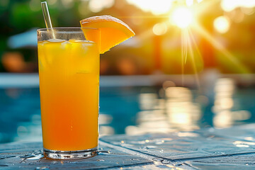 Summer cocktails by the pool. Sunny day, splashes, tropical fruits