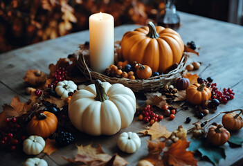 Festive autumn decor from pumpkins berries and leaves. stock photoThanksgiving - Holiday Backgrounds Autumn Pumpkin October