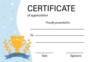 Certificate of appreciation. Achievement certificate in competition with champ cup. Awards diploma template. Diploma for kids background template. For school, preschool, summer camp, sport competition