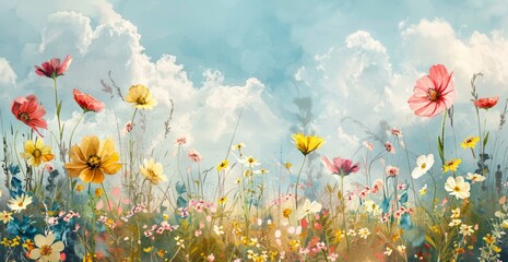Watercolor Painting of a Field of Flowers with a Blue Sky - obrazy, fototapety, plakaty