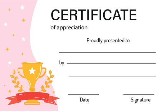 Certificate of appreciation. Achievement certificate in competition with champ cup. Awards diploma template. Diploma for kids background template. For school, preschool, summer camp, sport competition