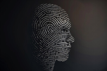 silhouette of front facing human head made out of a fingerprint, print with fingerprint