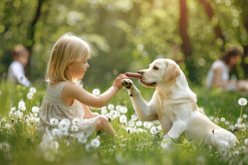 a little girl playing with a white Labrador Retriever dog in a green park