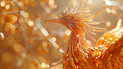 A dazzling golden phoenix with a crown of bejeweled plumage emerges in splendor, its form shimmering with a radiant, fiery glow against a backdrop of soft golden light.