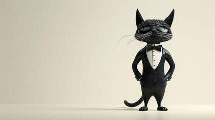 A whimsical, surrealistic cat in a dapper tuxedo, standing upright in a minimalist, blank space. Clean, 3D rendered fantasy with a touch of elegance and humor.