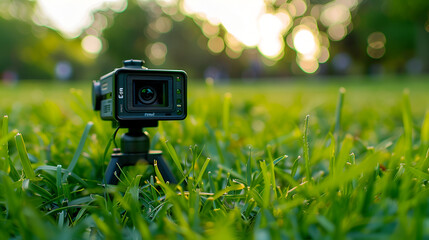 Action camera on a flexible tripod on a green forest background,a movie camera or documentaries equipped with monitors for cinematographers. and a boom mic for recording good quality sound
 - obrazy, fototapety, plakaty