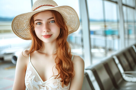 portrait of a young beautiful girl at the airport waiting for a flight