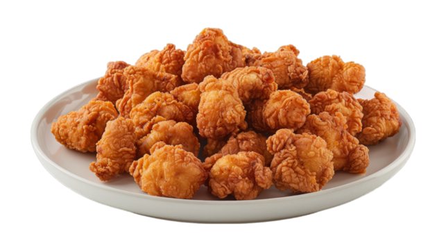 Popcorn Chicken on a plate isolated on transparent png background. Generative ai 