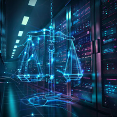 Digital Justice Concept Illustration with Scales in Cyber Data Center