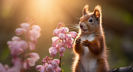 a squirrel is standing on its hind legs and looking up at the camera with its paws on a flower