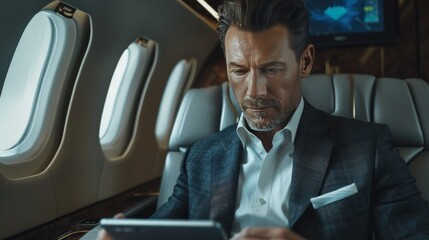 Naklejka na ściany i meble Handsome middle aged businessman in suit using tablet in plane during business trip