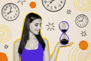 Composite photo collage of young smile girl hold hourglass sand pour time clock limit deadline...