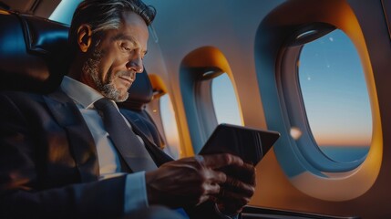 Handsome middle aged businessman in suit using tablet in plane during business trip
