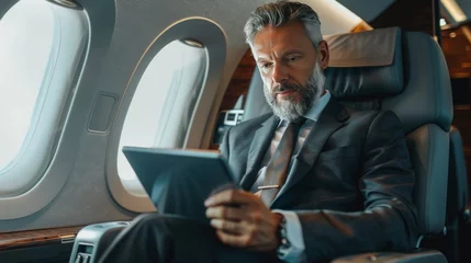 Tuinposter Oud vliegtuig Handsome middle aged businessman in suit using tablet in plane during business trip
