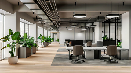 The Essence of Modern Workspaces: A Sleek Office Design Merges Aesthetics with Functionality, Offering a Contemporary Setting for Professional Endeavors