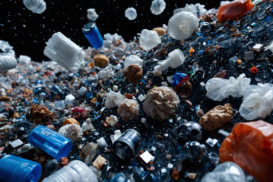 Clusters of floating plastics, cans, metal debris from space missions and space tourism littering and polluting the outer space as it orbit endlessly around earth. Environmental pollution in space. - Powered by Adobe