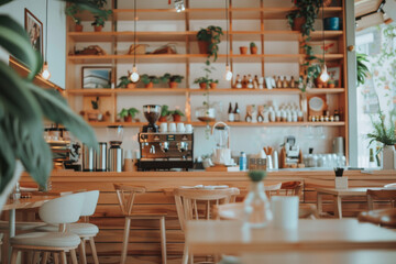 Cozy Modern Cafe Interior with Stylish Wooden Decor - obrazy, fototapety, plakaty