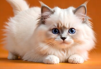 A beautiful young purebred Ragdoll kitten sits on an orange background.