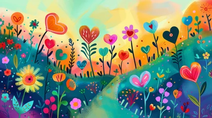 Gordijnen Vibrant Heart-Shaped Flowers in Whimsical Landscape Illustration © artem