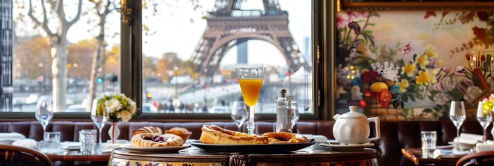 French Breakfast Spread with Eiffel Tower View in Charming Parisian Cafe