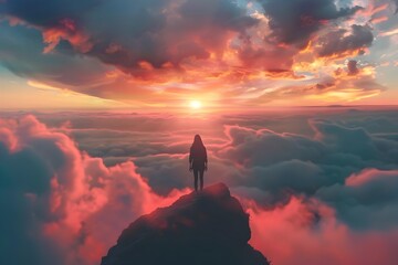 Girl at Mountain Summit Overlooking a Dreamy Sea of Clouds at Sunrise