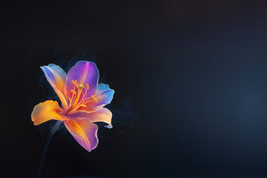 fleur lys ouverte, surr&eacute;aliste avec un &eacute;clairage n&eacute;on, d&eacute;grad&eacute; allant du jaune orange au violet. Fond noir nuanc&eacute; avec espace n&eacute;gatif pour texte, copyspace