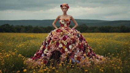 Fototapeta premium Fashion photo, girl in a dress made of flowers
