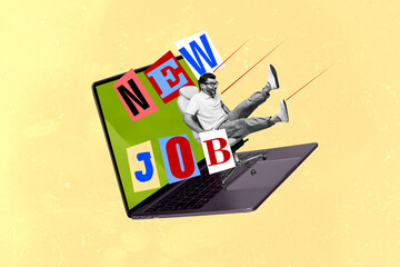 Composite sketch image trend artwork 3D photo collage of black white excited man ride in office chair on huge laptop find new job