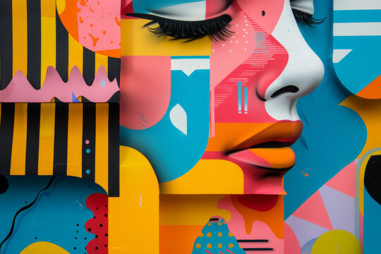 Colorful Abstract Mural of Woman's Face on Urban Wall