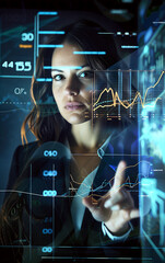 Transparent virtual screen with financial charts and a businesswoman behind that indicates a point