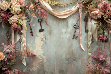 Vintage Keys and Elegant Floral Arrangement on Rustic Background