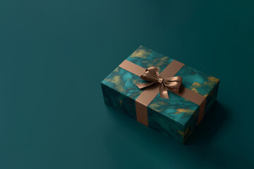 paquet cadeau bleu canard (teal) et doré avec un ruban couleur or, avec un nœud, sur un fond bleu canard (teal). Noël, fin d'année, fête, célébration, anniversaire, fête des pères, des grands-pères, - obrazy, fototapety, plakaty