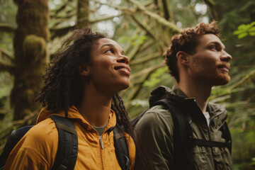 Fototapeta premium Exploring Nature: Young Multiethnic Couple on a Forest Adventure