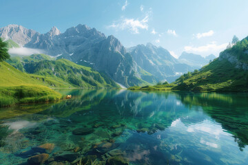 Fototapeta na wymiar A stunning view of the Alps mountain range with clear blue skies, lush greenery and crystal clear waters reflecting the majestic peaks
