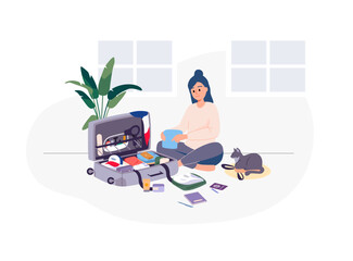 Obraz premium Vector illustration of a girl sitting on the floor and going to a sporting event in Paris. Concept related to planning and travel. In the foreground is a cat, phone, passport and other things.