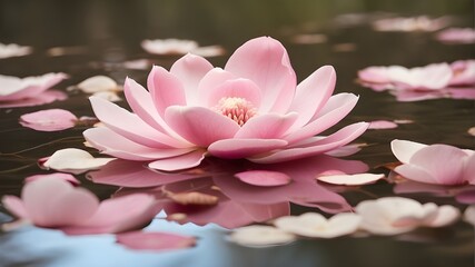 Soft pink magnolia petals floating in a calm pond