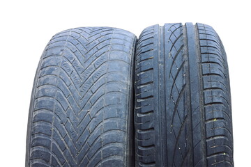 old worn damaged tires isolated on white background - 758734203