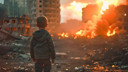 Desperate Poor Afraid Child boy and girl crying Standing holding Old teddy bear in The Middle of War Zone Deserted Demolished City Buildings Burning in the Background,generative ai