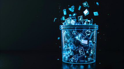 A semi - opaque recycling bin filled with electronic waste, overlaid with glowing eco - tech icons, against a deep black background.