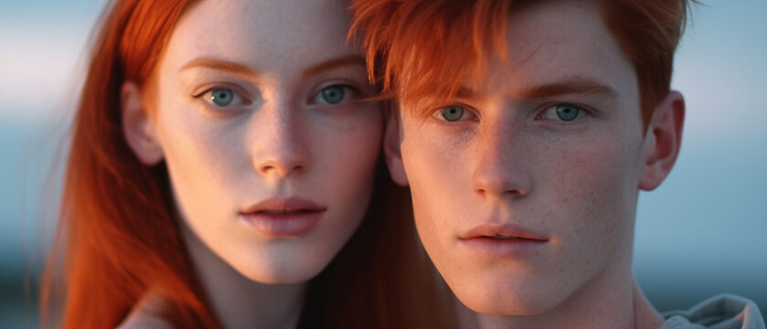 portrait of lovely caucasian redhead couple isolated over background young serious man and smiling woman stand together red haired girl leans on boyfriend and look at camera portrait freckles redheads