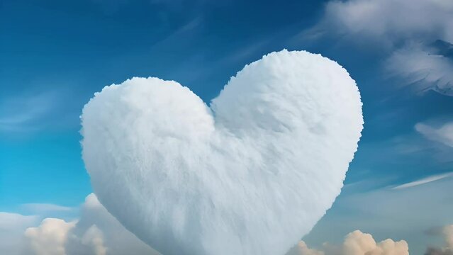 A picturesque heart-shaped cloud set against a serene blue sky, symbolizing love and harmony in nature. The cloud's perfect heart form and the clear sky create an image of pure, whimsical beauty.