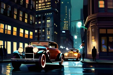 Old-fashioned digital artwork of lighted streets in New York City at night with vintage cars and...
