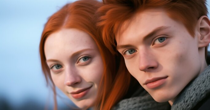 portrait of lovely caucasian redhead couple isolated over background young serious man and smiling woman stand together red haired girl leans on boyfriend and look at camera portrait freckles redheads