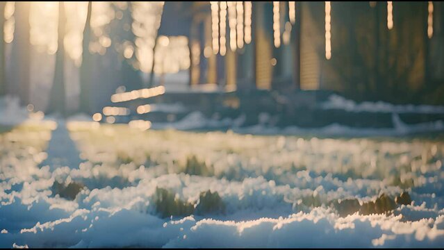 Frozen lawn, snow on the grass in front of a house in the background, winter day.